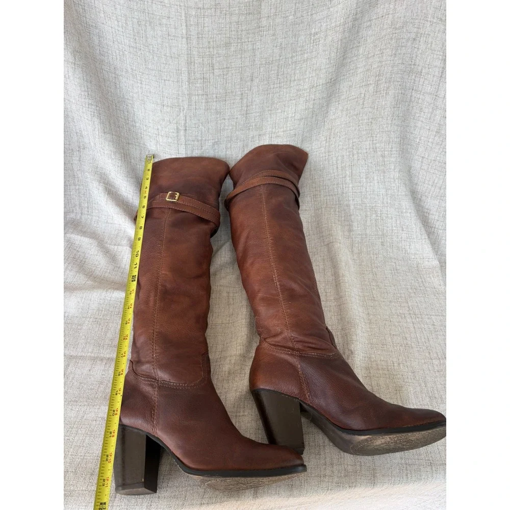Vince Camuto Tall Boots Womens 8 Brown Excellent Leather Buckle Block Heel